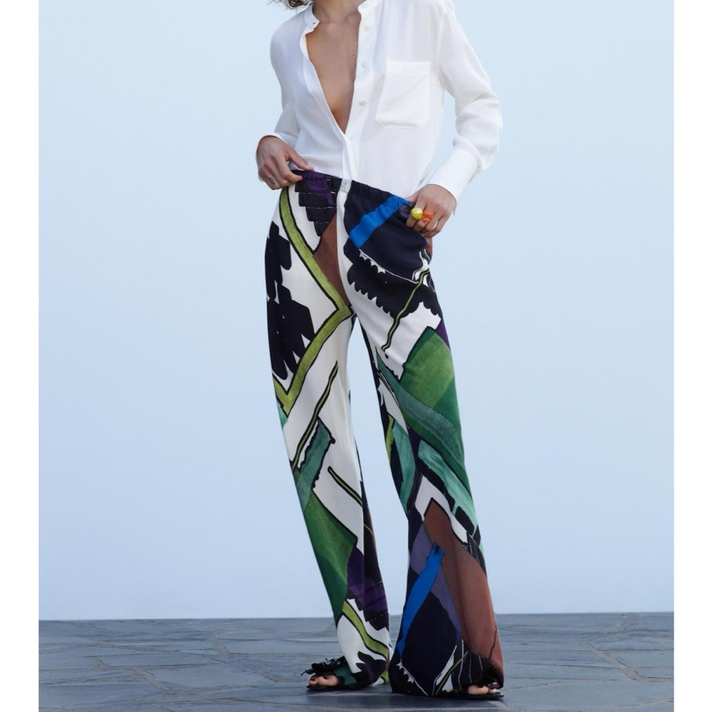 Zara High Waisted Multicolor Abstract Wide-Leg Pants NWT Medium Flared